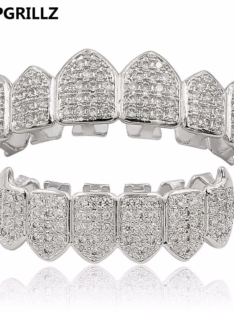 GRILLZ Hip Hop GRILLZ Iced Out AAA Zircon Fang Mouth Teeth Grillz Caps Top & Bottom Grill Set Men Women Vampire Grills 4