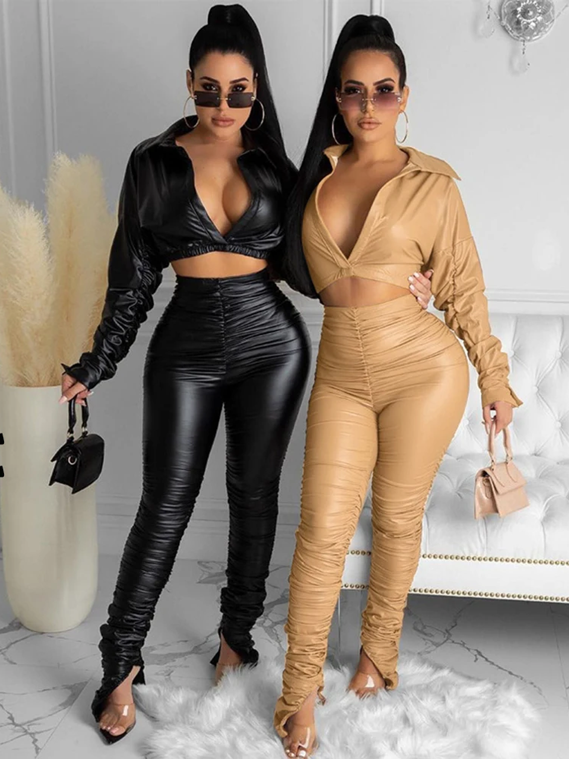 2 Piece Women PU Leather Sets Stacked Long Sleeve Jacket High Waist PU Stacked Pants Pleated Split Pencil Pant Two Piece Outfits 1