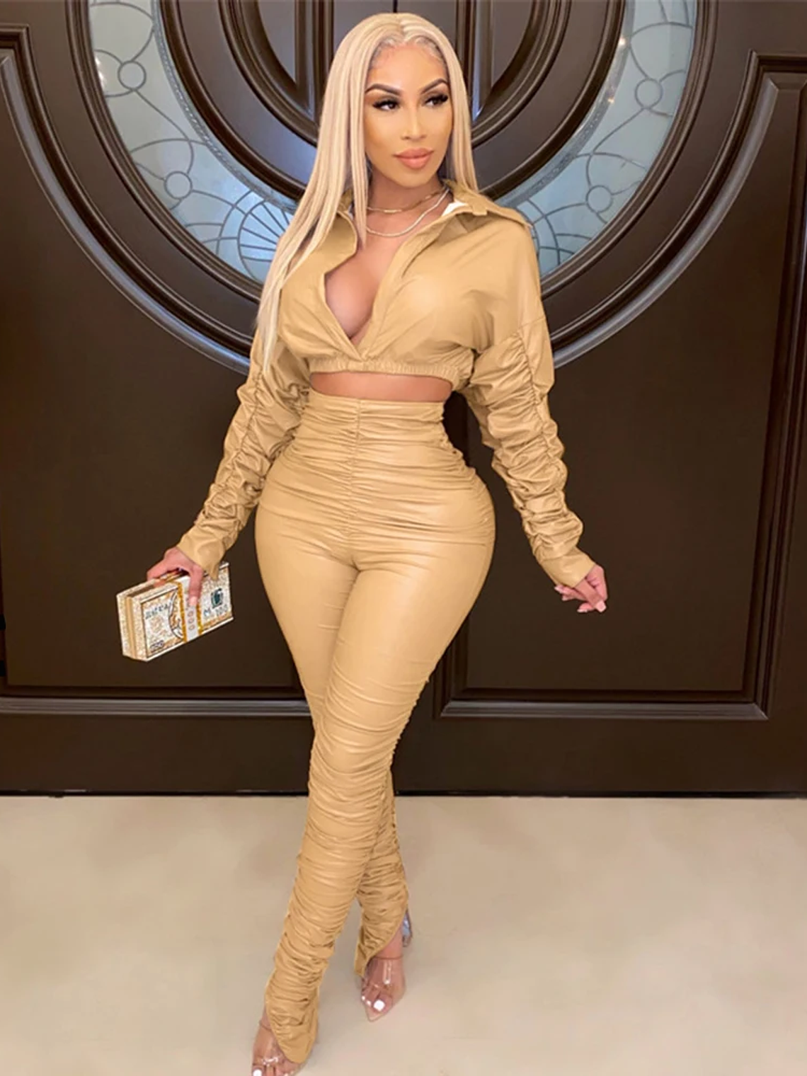 2 Piece Women PU Leather Sets Stacked Long Sleeve Jacket High Waist PU Stacked Pants Pleated Split Pencil Pant Two Piece Outfits 4