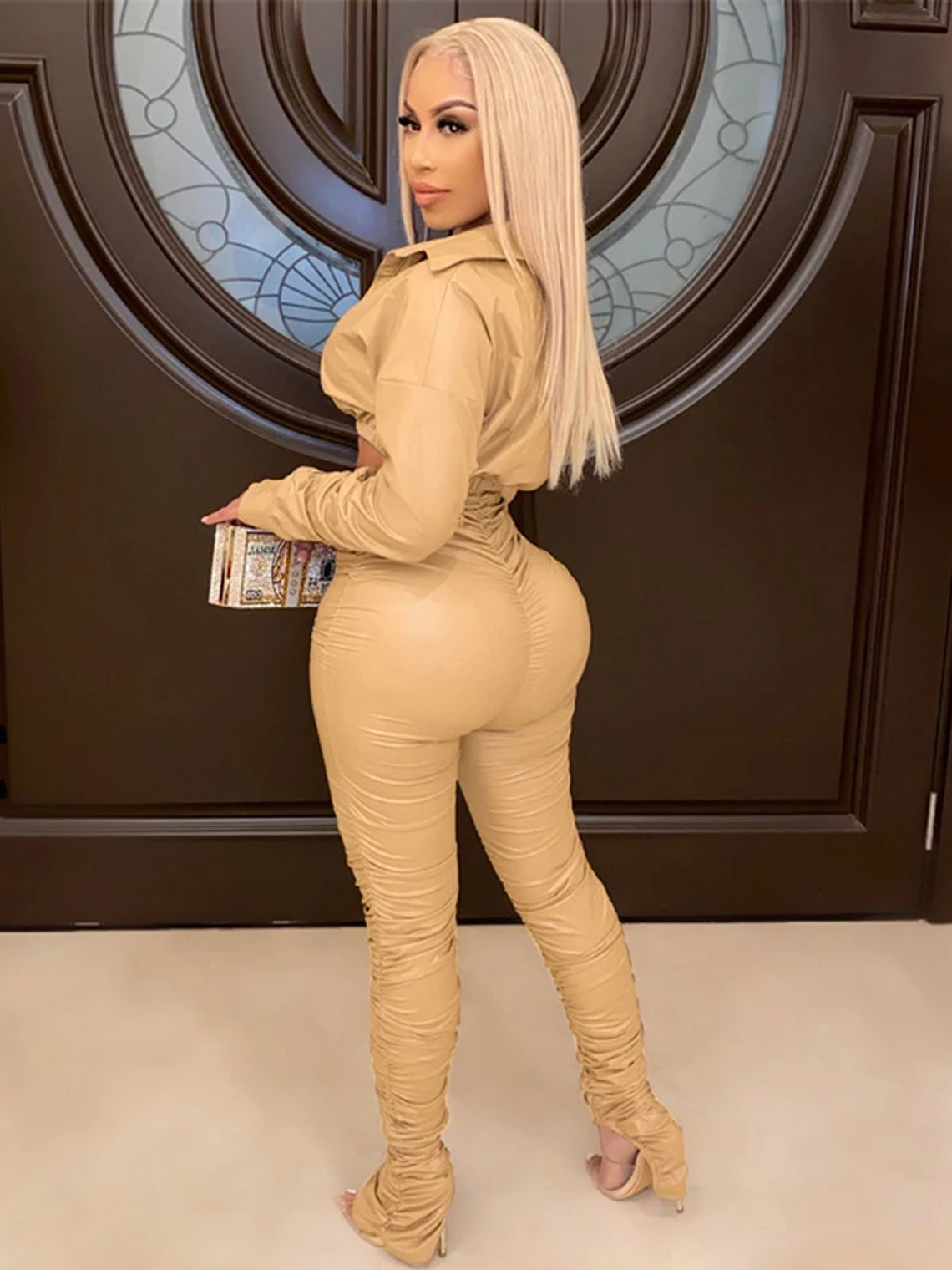 2 Piece Women PU Leather Sets Stacked Long Sleeve Jacket High Waist PU Stacked Pants Pleated Split Pencil Pant Two Piece Outfits 5