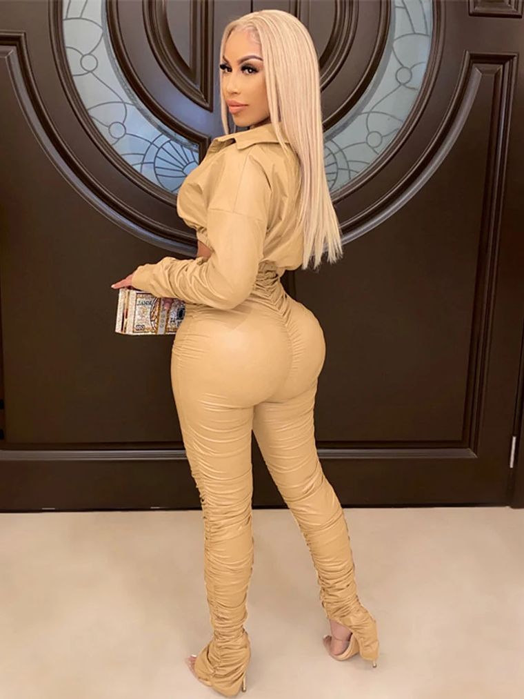 2 Piece Women PU Leather Sets Stacked Long Sleeve Jacket High Waist PU Stacked Pants Pleated Split Pencil Pant Two Piece Outfits 5