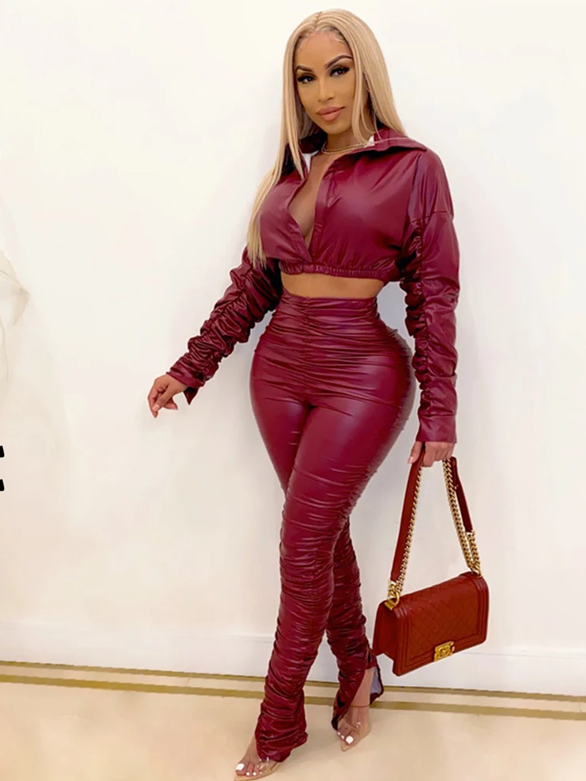 2 Piece Women PU Leather Sets Stacked Long Sleeve Jacket High Waist PU Stacked Pants Pleated Split Pencil Pant Two Piece Outfits 8