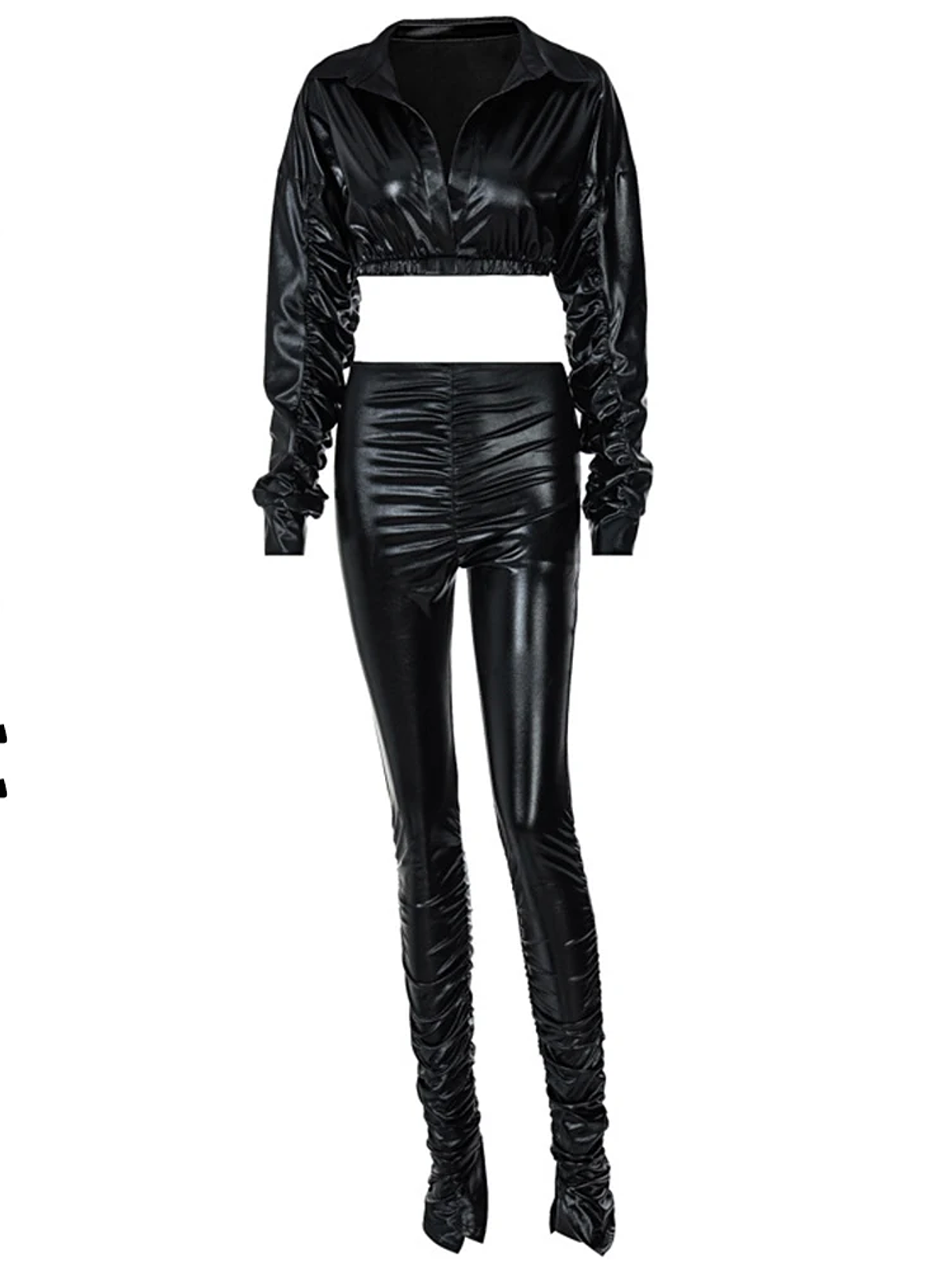 2 Piece Women PU Leather Sets Stacked Long Sleeve Jacket High Waist PU Stacked Pants Pleated Split Pencil Pant Two Piece Outfits 9