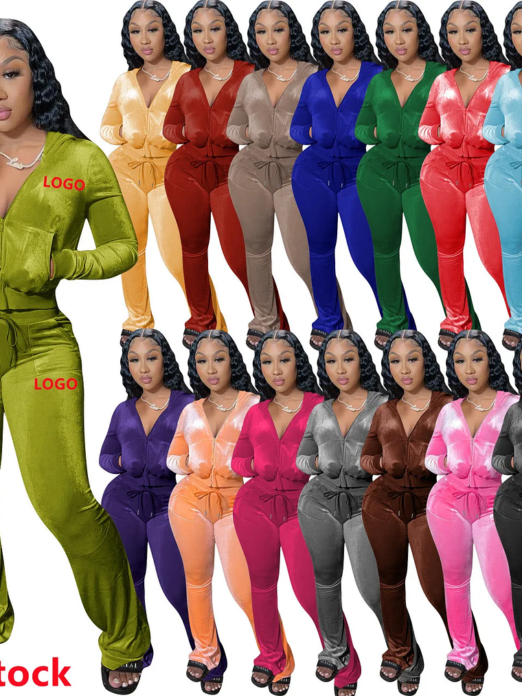 2025 Fall Sets for  Women's Hoodie Set Zipper Pocket Crop Top Jacket Velvet Jogging Suit Velour Tracksuits Women Two Piece Set 2