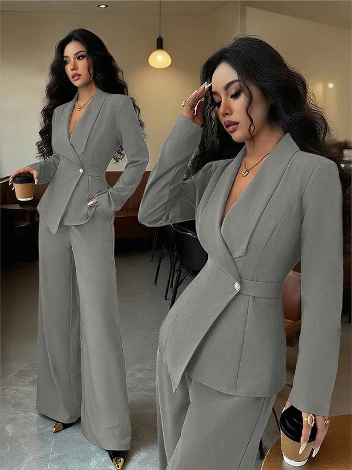 2025 women's suit temperament fashion long-sleeved blazer straight pants up and down two-piece set office wear women 3