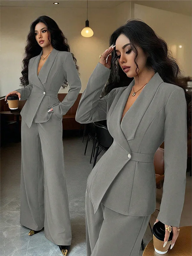 2025 women's suit temperament fashion long-sleeved blazer straight pants up and down two-piece set office wear women 3