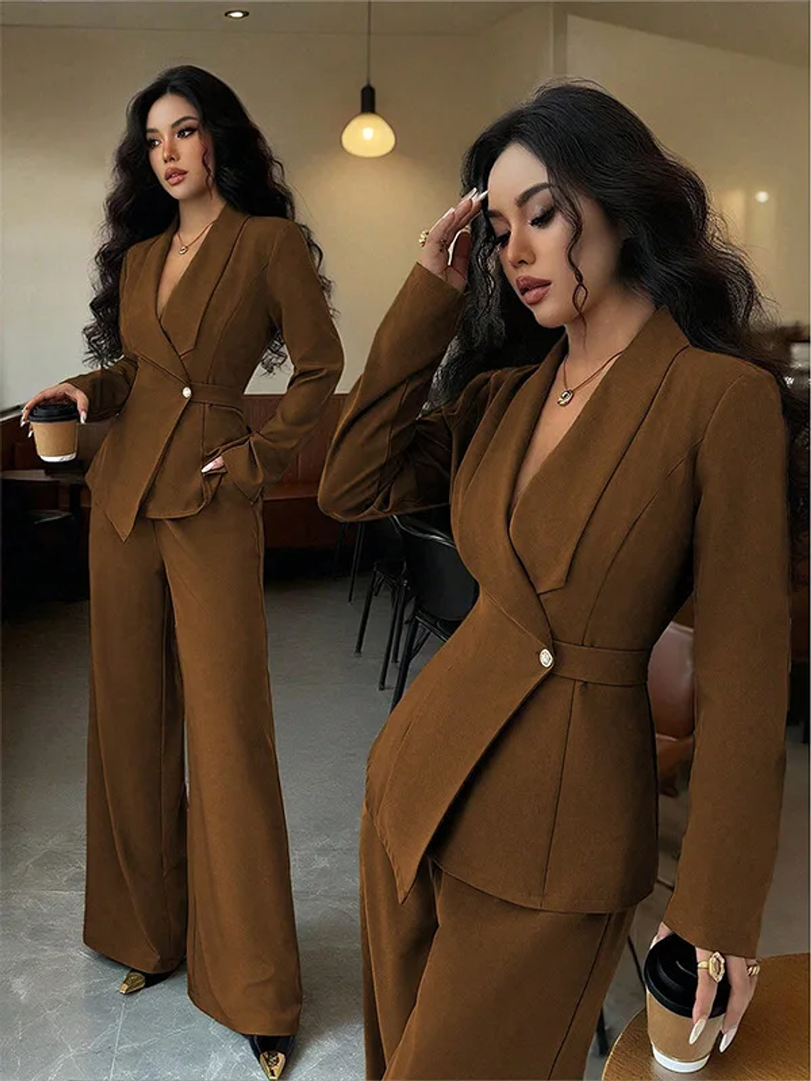 2025 women's suit temperament fashion long-sleeved blazer straight pants up and down two-piece set office wear women 6