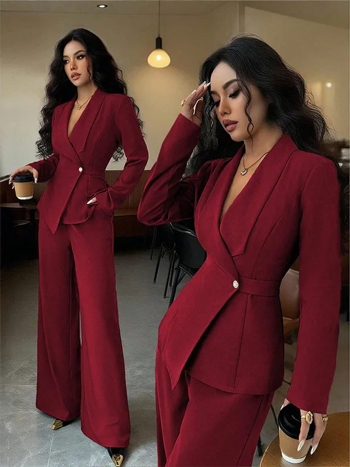 2025 women's suit temperament fashion long-sleeved blazer straight pants up and down two-piece set office wear women 7