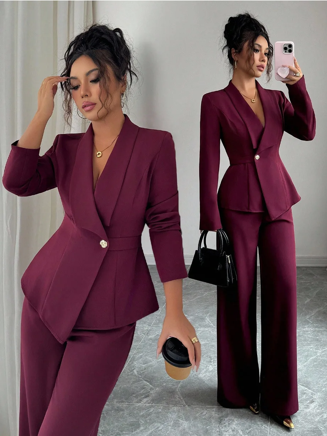 2025 women's suit temperament fashion long-sleeved blazer straight pants up and down two-piece set office wear women 8