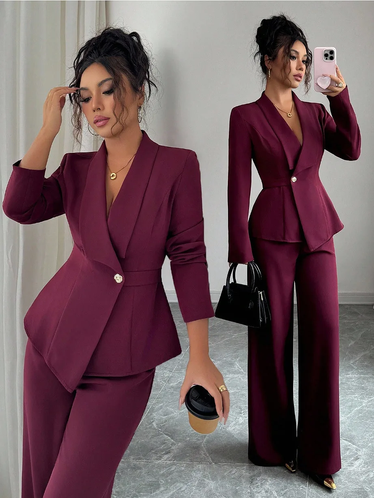 2025 women's suit temperament fashion long-sleeved blazer straight pants up and down two-piece set office wear women 8