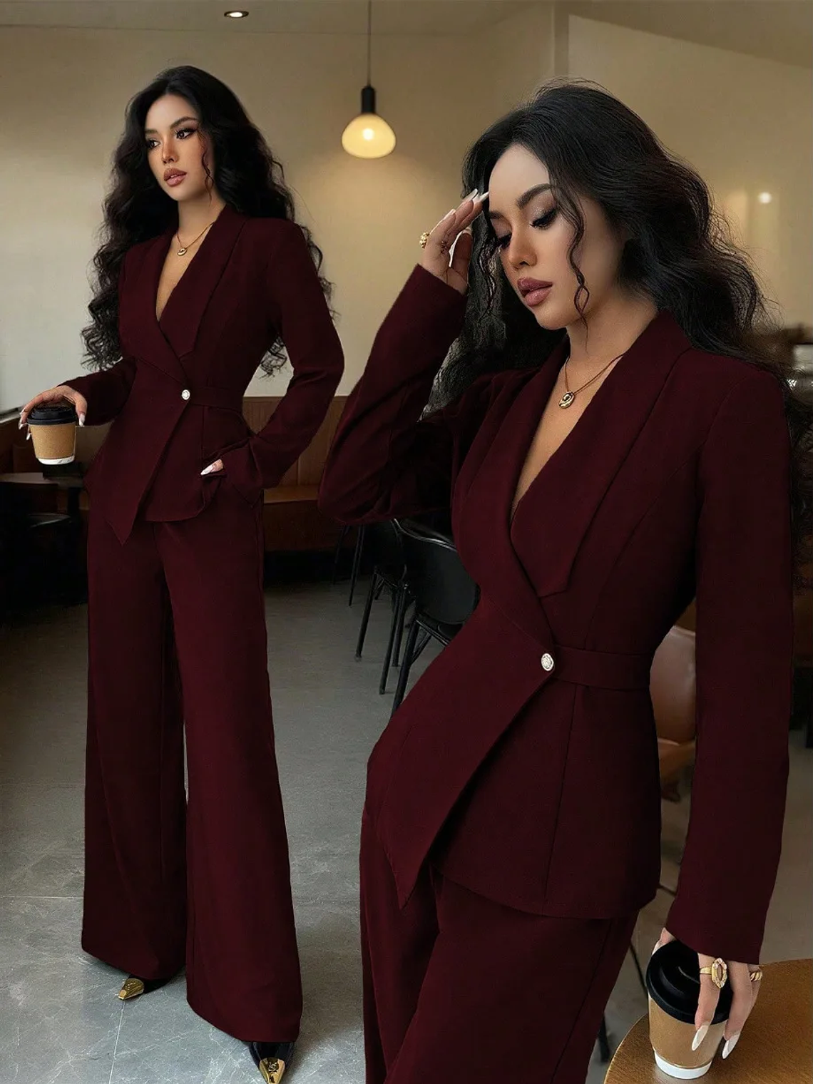 2025 women's suit temperament fashion long-sleeved blazer straight pants up and down two-piece set office wear women 10