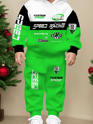 2pcs Boys' Set with racing- themed digital print design, including a long-sleeve hooded sweatshirt and sweatpants. A clothing gift for kids, of comfortable fabric. Suitable for autumn and winter, this