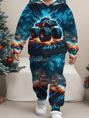 Baby Boy's Flame Car Print Hooded Sweatsuit Set - Turquoise & Orange Racing Car Outfit with Matching Pants, Durable Machine-Washable Fabric for Motor Skills Development, Casual Playwear & Casual Attir