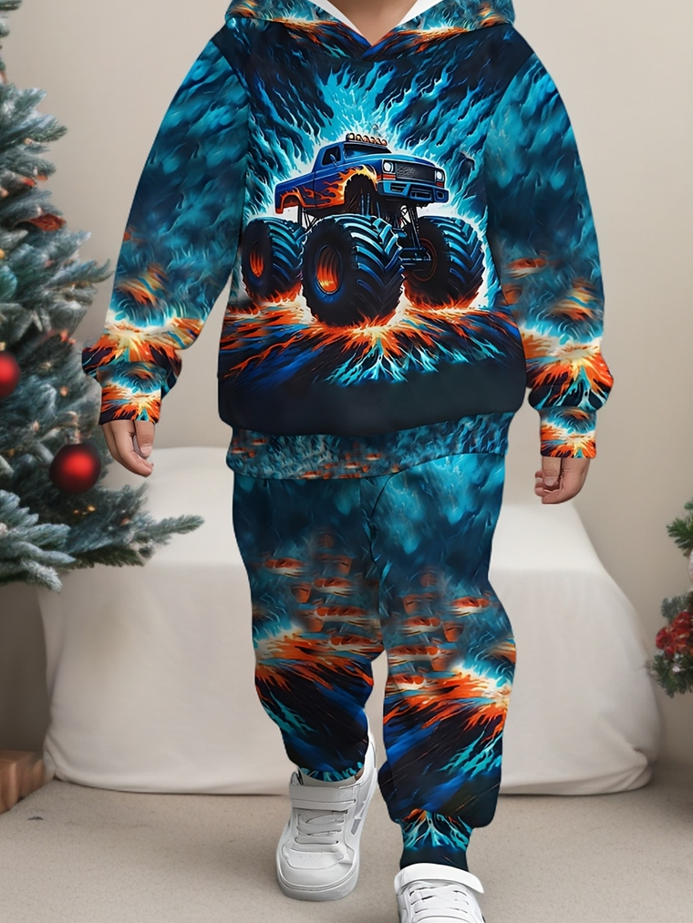 Baby Boy's Flame Car Print Hooded Sweatsuit Set - Turquoise & Orange Racing Car Outfit with Matching Pants, Durable Machine-Washable Fabric for Motor Skills Development, Casual Playwear & Casual Attir 1