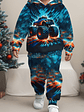 Baby Boy's Flame Car Print Hooded Sweatsuit Set - Turquoise & Orange Racing Car Outfit with Matching Pants, Durable Machine-Washable Fabric for Motor Skills Development, Casual Playwear & Casual Attir - thumbnail 1