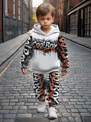 Boys' Autumn Winter Fashion Coolboy Graffiti Print Hoodie + Joggers Two-Piece Set, Perfect for Outdoor