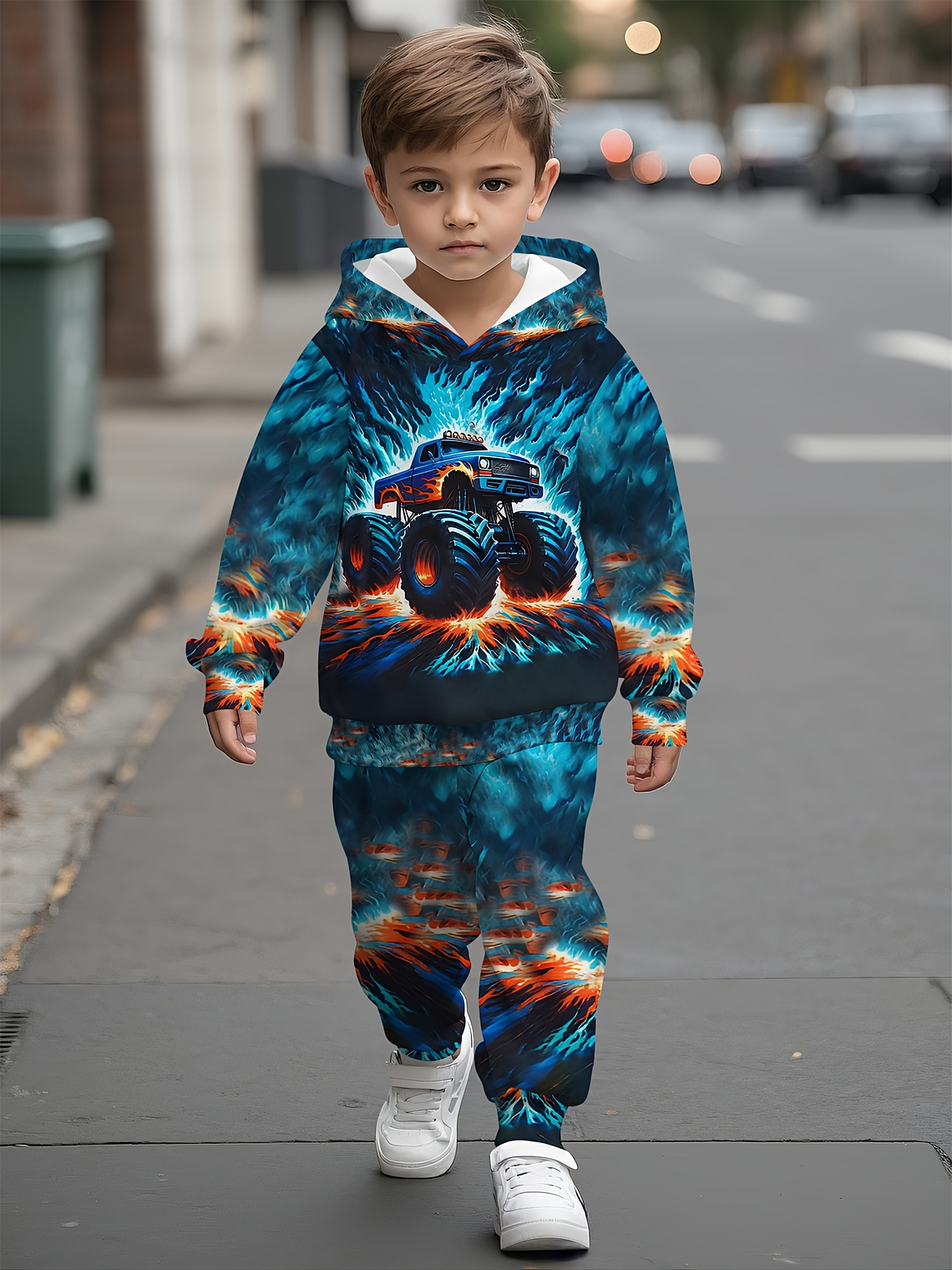 Baby Boy's Flame Car Print Hooded Sweatsuit Set - Turquoise & Orange Racing Car Outfit with Matching Pants, Durable Machine-Washable Fabric for Motor Skills Development, Casual Playwear & Casual Attir 2