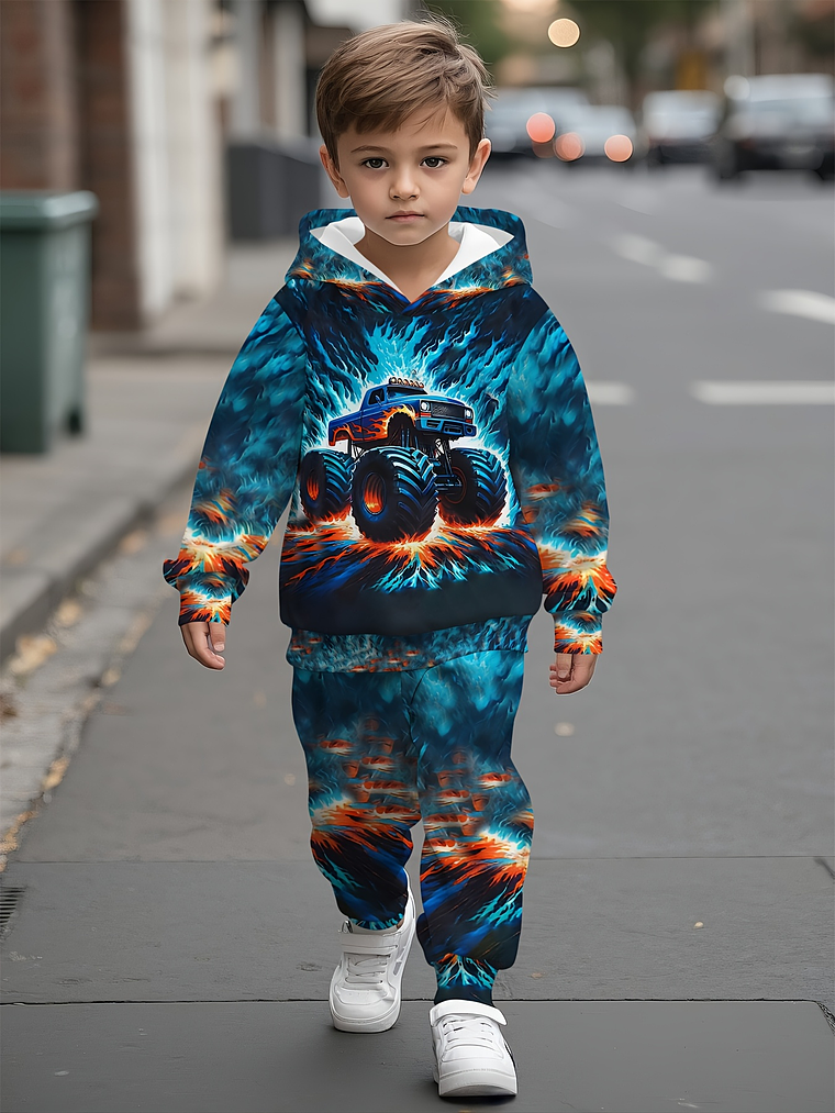 Baby Boy's Flame Car Print Hooded Sweatsuit Set - Turquoise & Orange Racing Car Outfit with Matching Pants, Durable Machine-Washable Fabric for Motor Skills Development, Casual Playwear & Casual Attir 2