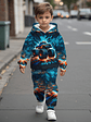 Baby Boy's Flame Car Print Hooded Sweatsuit Set - Turquoise & Orange Racing Car Outfit with Matching Pants, Durable Machine-Washable Fabric for Motor Skills Development, Casual Playwear & Casual Attir - thumbnail 2
