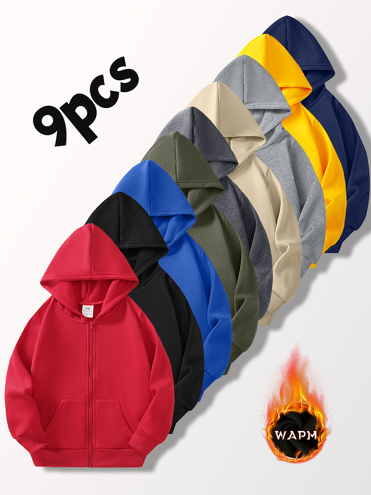 9pcs Boys' Light Fleece-Lined Hooded Cardigan Jackets - Thickened Multi-Color Casual Jogger Coats with Pockets, Regular Fit Long Sleeve Spring/Fall Outerwear for Outdoor 1