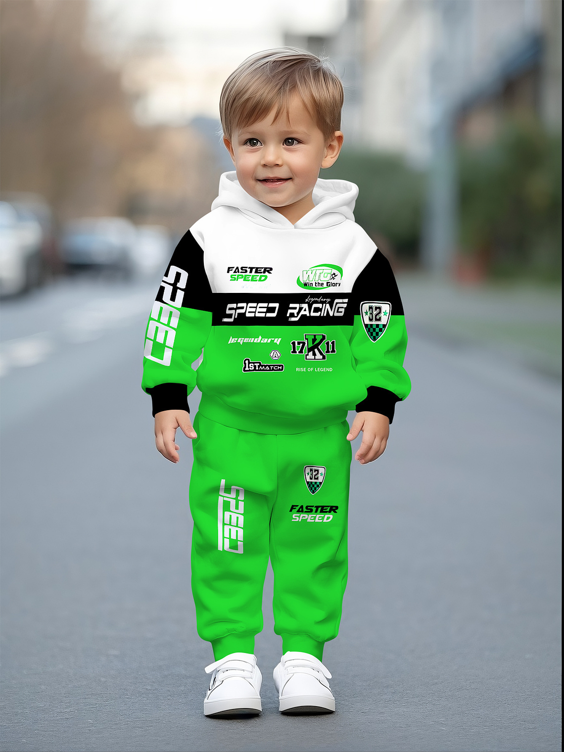 2pcs Boys' Set with racing- themed digital print design, including a long-sleeve hooded sweatshirt and sweatpants. A clothing gift for kids, of comfortable fabric. Suitable for autumn and winter, this 3