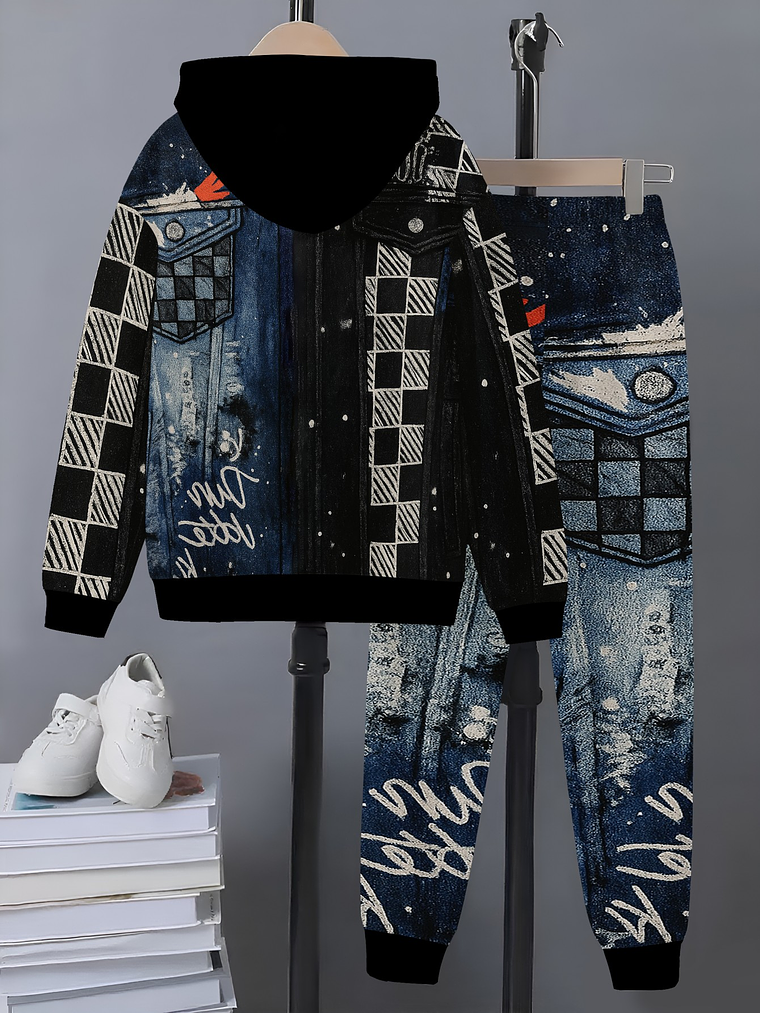Boys' Trendy and Cool Stylish Denim Print Pattern Set, Including a Zip-Up Hooded Jacket and Sports Pants Two-Piece Set. Made of Comfortable and Breathable Fabric, Machine Washable. Suitable for Childr 2