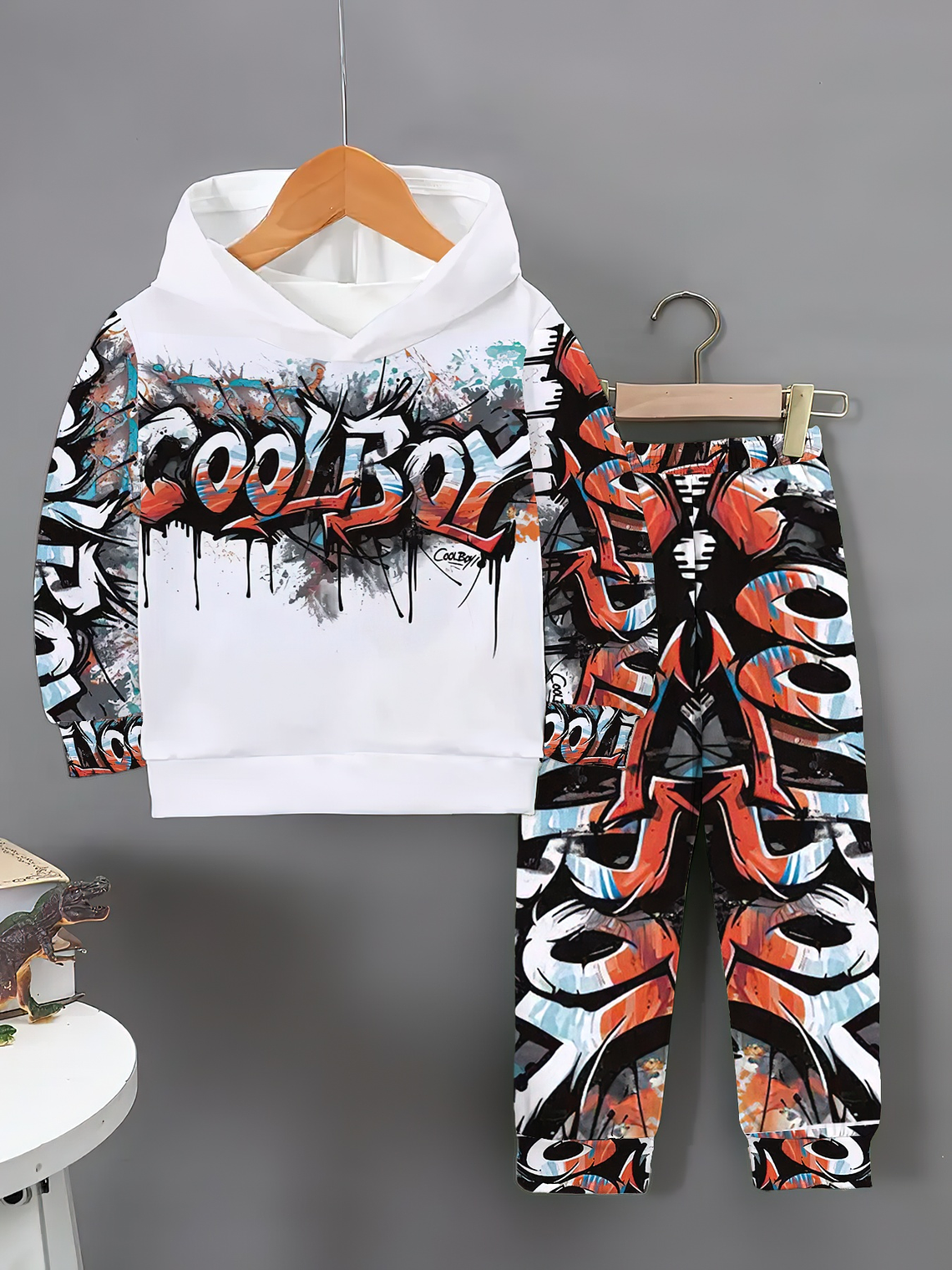 Boys' Autumn Winter Fashion Coolboy Graffiti Print Hoodie + Joggers Two-Piece Set, Perfect for Outdoor 2