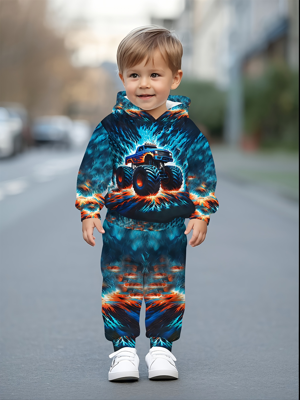 Baby Boy's Flame Car Print Hooded Sweatsuit Set - Turquoise & Orange Racing Car Outfit with Matching Pants, Durable Machine-Washable Fabric for Motor Skills Development, Casual Playwear & Casual Attir 3