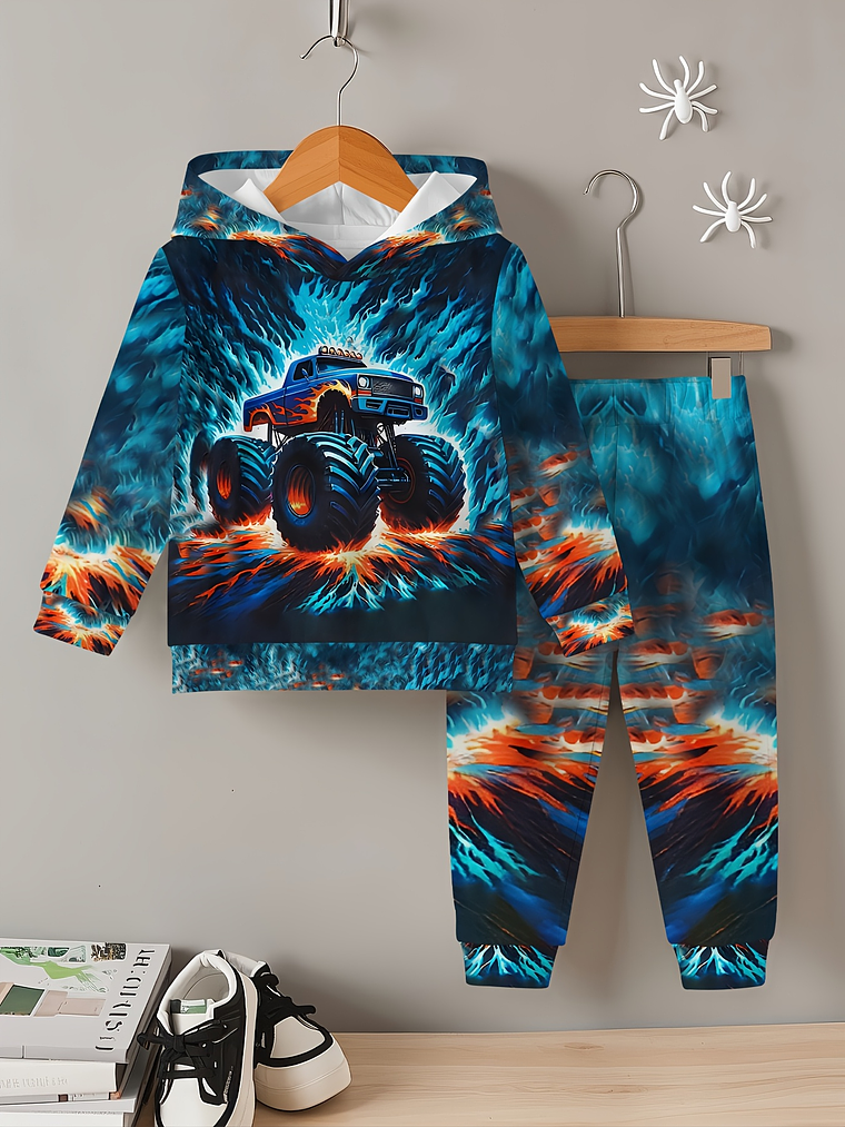 Baby Boy's Flame Car Print Hooded Sweatsuit Set - Turquoise & Orange Racing Car Outfit with Matching Pants, Durable Machine-Washable Fabric for Motor Skills Development, Casual Playwear & Casual Attir 4