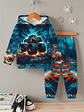 Baby Boy's Flame Car Print Hooded Sweatsuit Set - Turquoise & Orange Racing Car Outfit with Matching Pants, Durable Machine-Washable Fabric for Motor Skills Development, Casual Playwear & Casual Attir - thumbnail 4