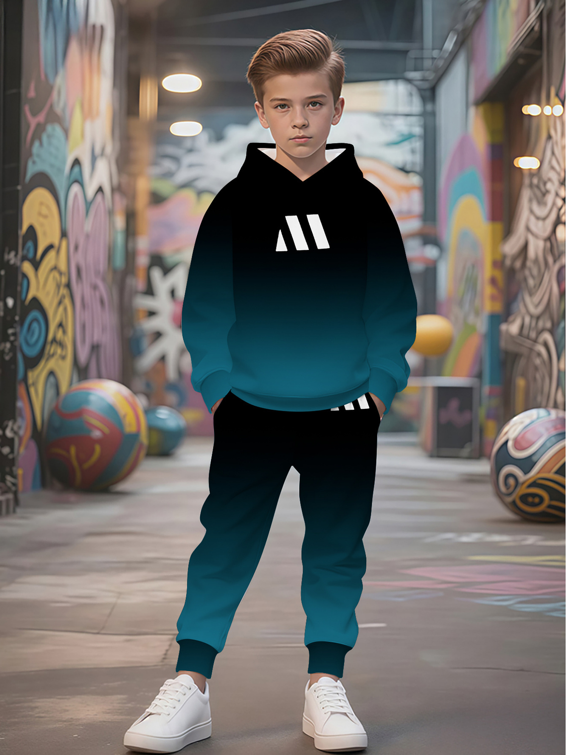 Gradient 3D printed casual boys' outdoor sportswear sweatshirt and sweatpants set, suitable for outdoor activities, boys' clothing, boys' sportswear set, Perfect for Outdoor 2