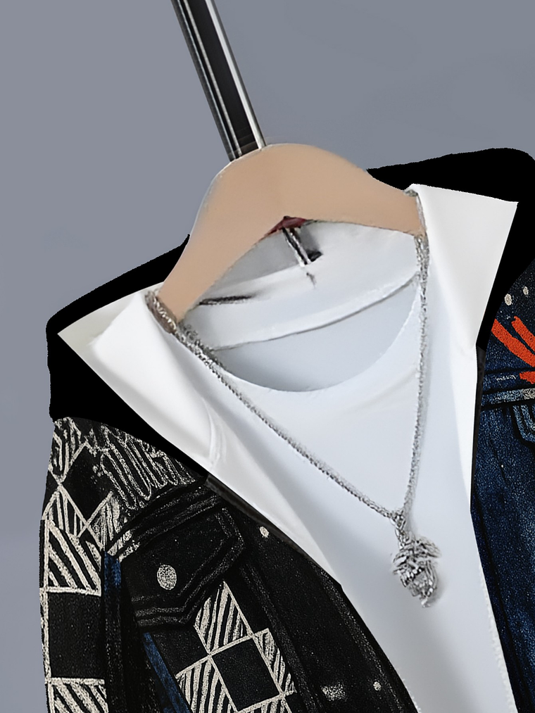 Boys' Trendy and Cool Stylish Denim Print Pattern Set, Including a Zip-Up Hooded Jacket and Sports Pants Two-Piece Set. Made of Comfortable and Breathable Fabric, Machine Washable. Suitable for Childr 4