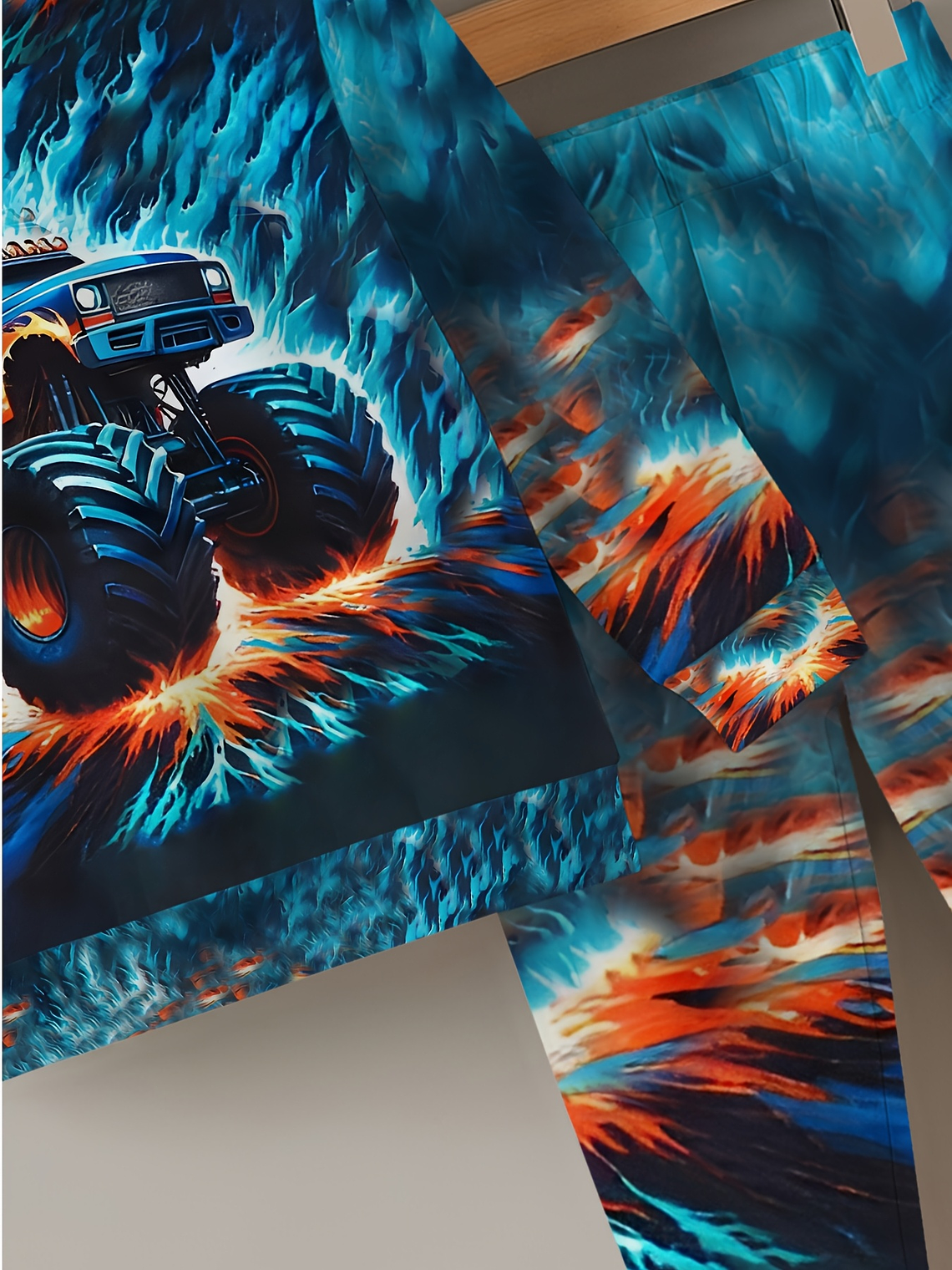 Baby Boy's Flame Car Print Hooded Sweatsuit Set - Turquoise & Orange Racing Car Outfit with Matching Pants, Durable Machine-Washable Fabric for Motor Skills Development, Casual Playwear & Casual Attir 6