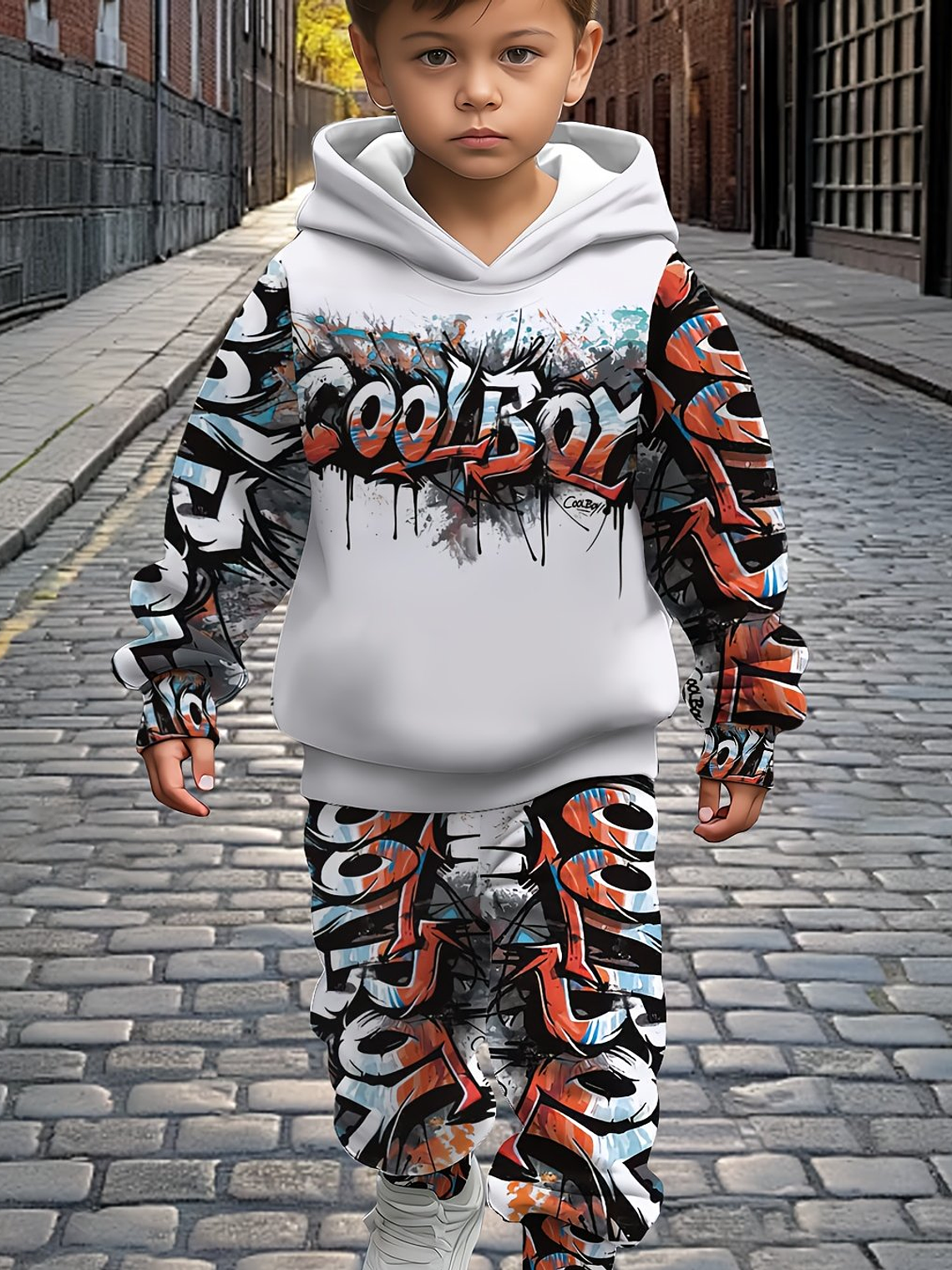 Boys' Autumn Winter Fashion Coolboy Graffiti Print Hoodie + Joggers Two-Piece Set, Perfect for Outdoor 6