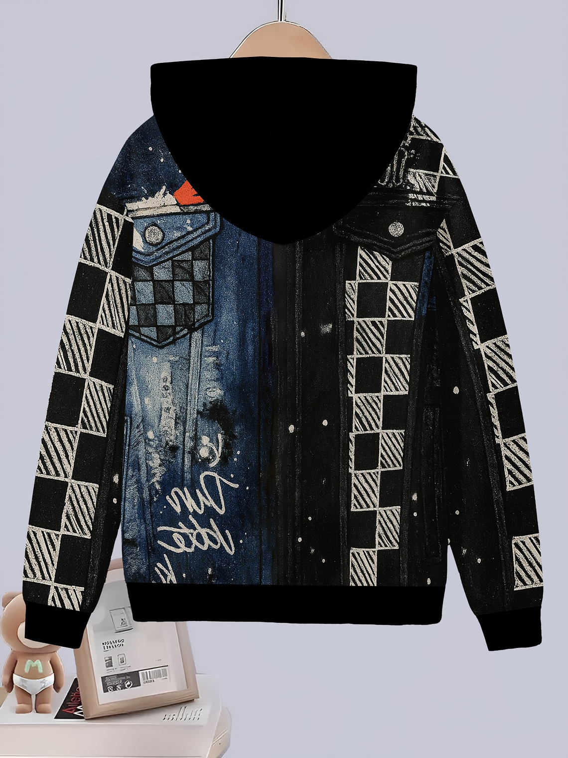 Boys' Trendy and Cool Stylish Denim Print Pattern Set, Including a Zip-Up Hooded Jacket and Sports Pants Two-Piece Set. Made of Comfortable and Breathable Fabric, Machine Washable. Suitable for Childr 5