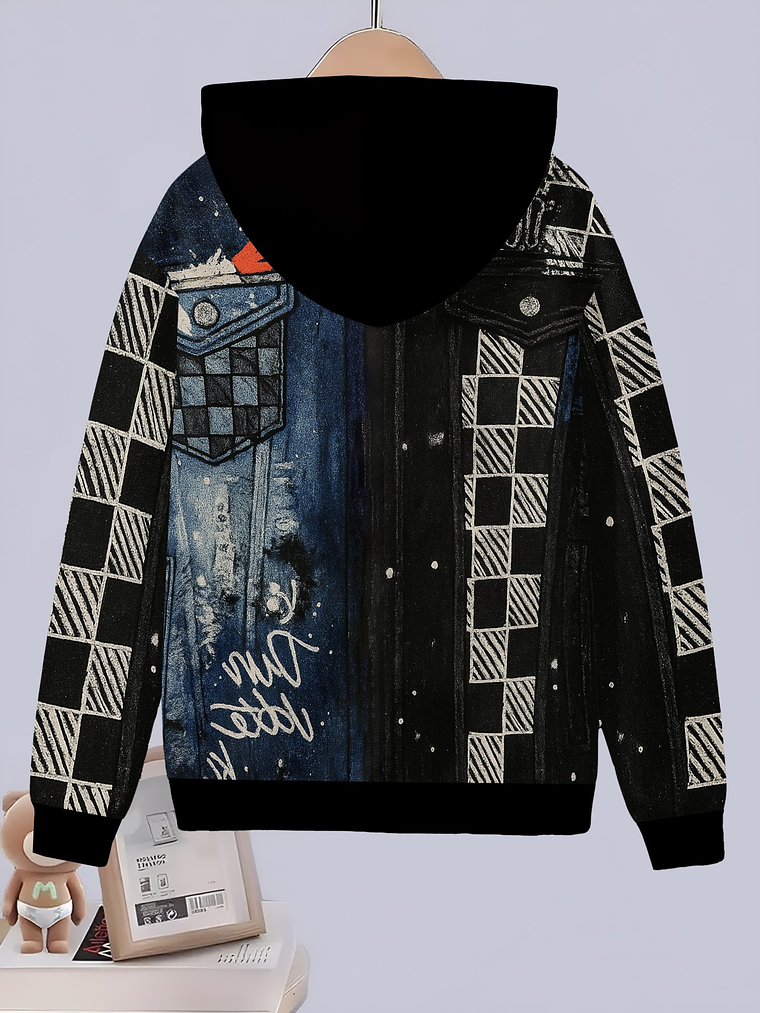 Boys' Trendy and Cool Stylish Denim Print Pattern Set, Including a Zip-Up Hooded Jacket and Sports Pants Two-Piece Set. Made of Comfortable and Breathable Fabric, Machine Washable. Suitable for Childr 5