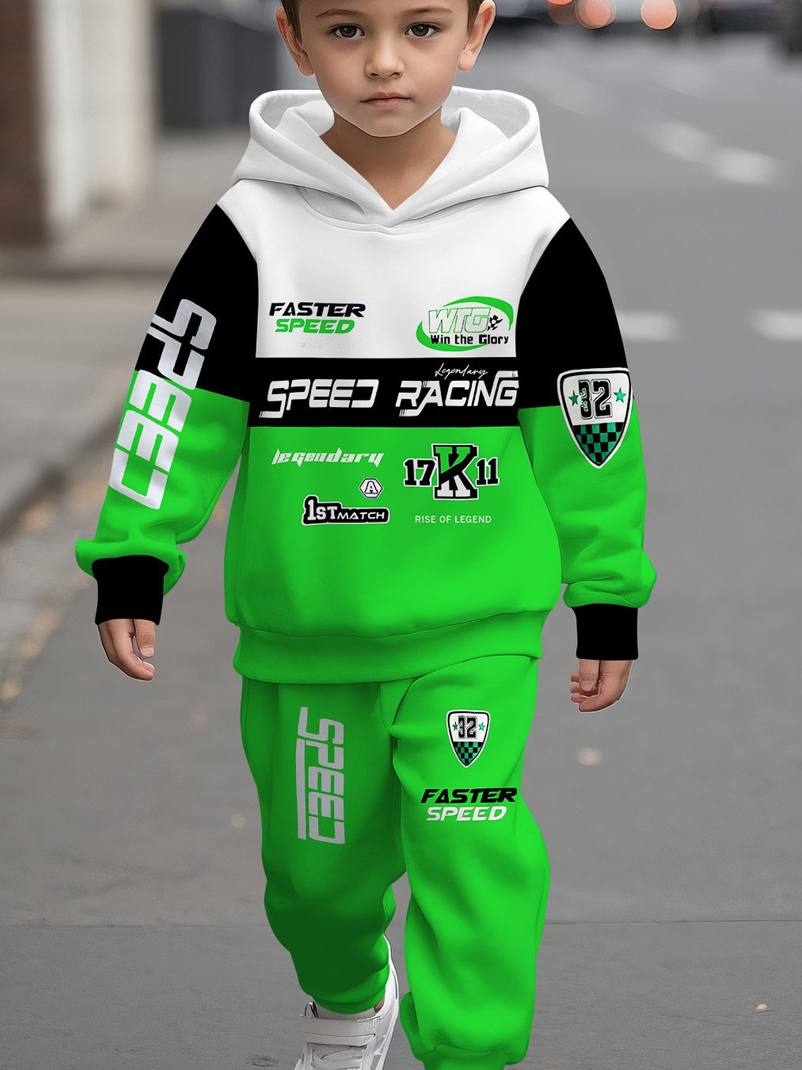 2pcs Boys' Set with racing- themed digital print design, including a long-sleeve hooded sweatshirt and sweatpants. A clothing gift for kids, of comfortable fabric. Suitable for autumn and winter, this 7