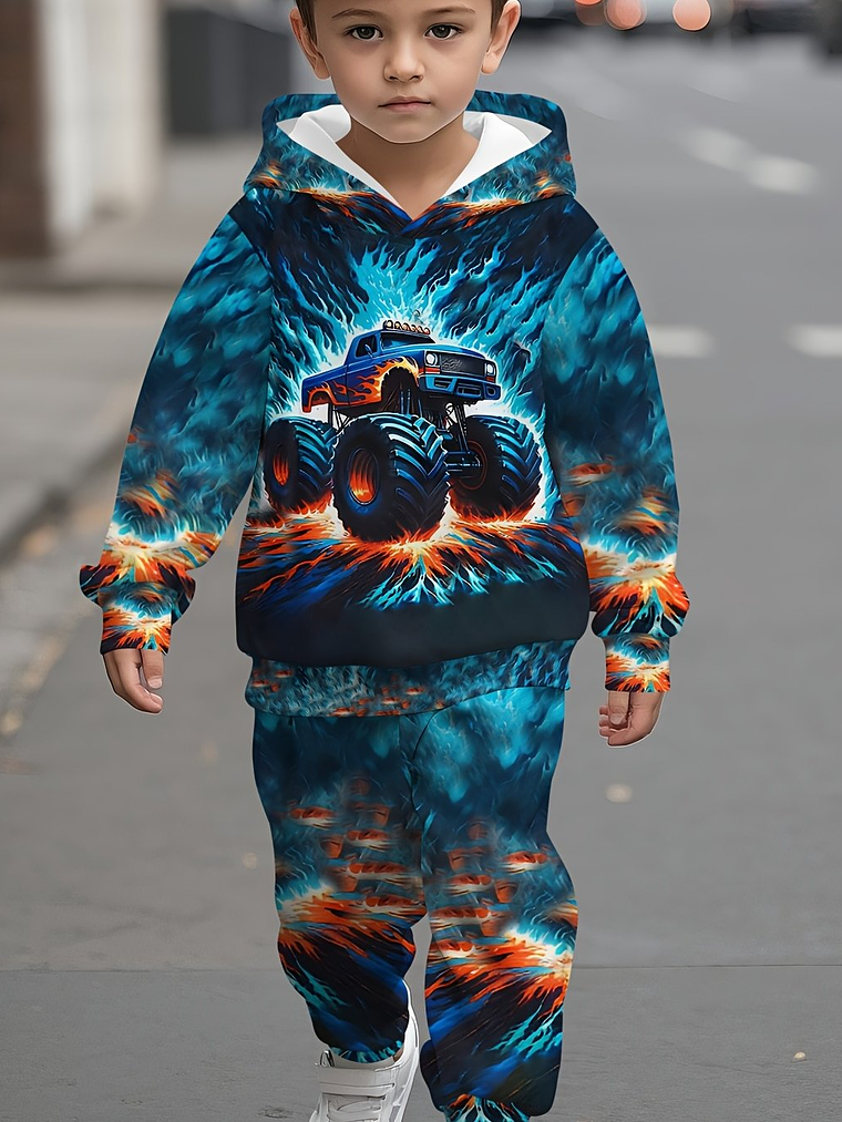Baby Boy's Flame Car Print Hooded Sweatsuit Set - Turquoise & Orange Racing Car Outfit with Matching Pants, Durable Machine-Washable Fabric for Motor Skills Development, Casual Playwear & Casual Attir 7