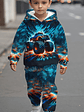 Baby Boy's Flame Car Print Hooded Sweatsuit Set - Turquoise & Orange Racing Car Outfit with Matching Pants, Durable Machine-Washable Fabric for Motor Skills Development, Casual Playwear & Casual Attir - thumbnail 7