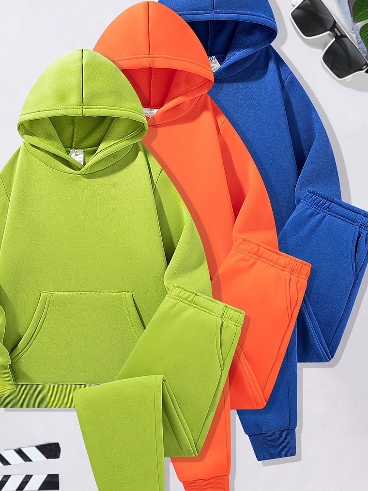 3 sets of popular boys' autumn and winter hooded sets with digital 3D printing solid color blue, orange, and blue three color hooded sweatshirt+sports pants set, fashionable and versatile, suitable fo 5