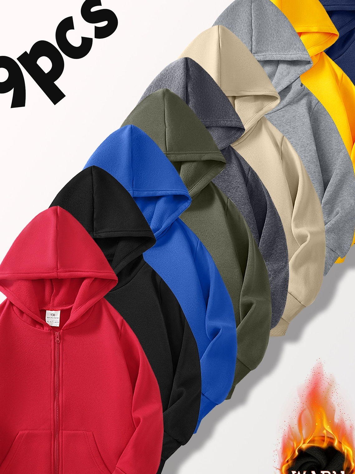 9pcs Boys' Light Fleece-Lined Hooded Cardigan Jackets - Thickened Multi-Color Casual Jogger Coats with Pockets, Regular Fit Long Sleeve Spring/Fall Outerwear for Outdoor 7