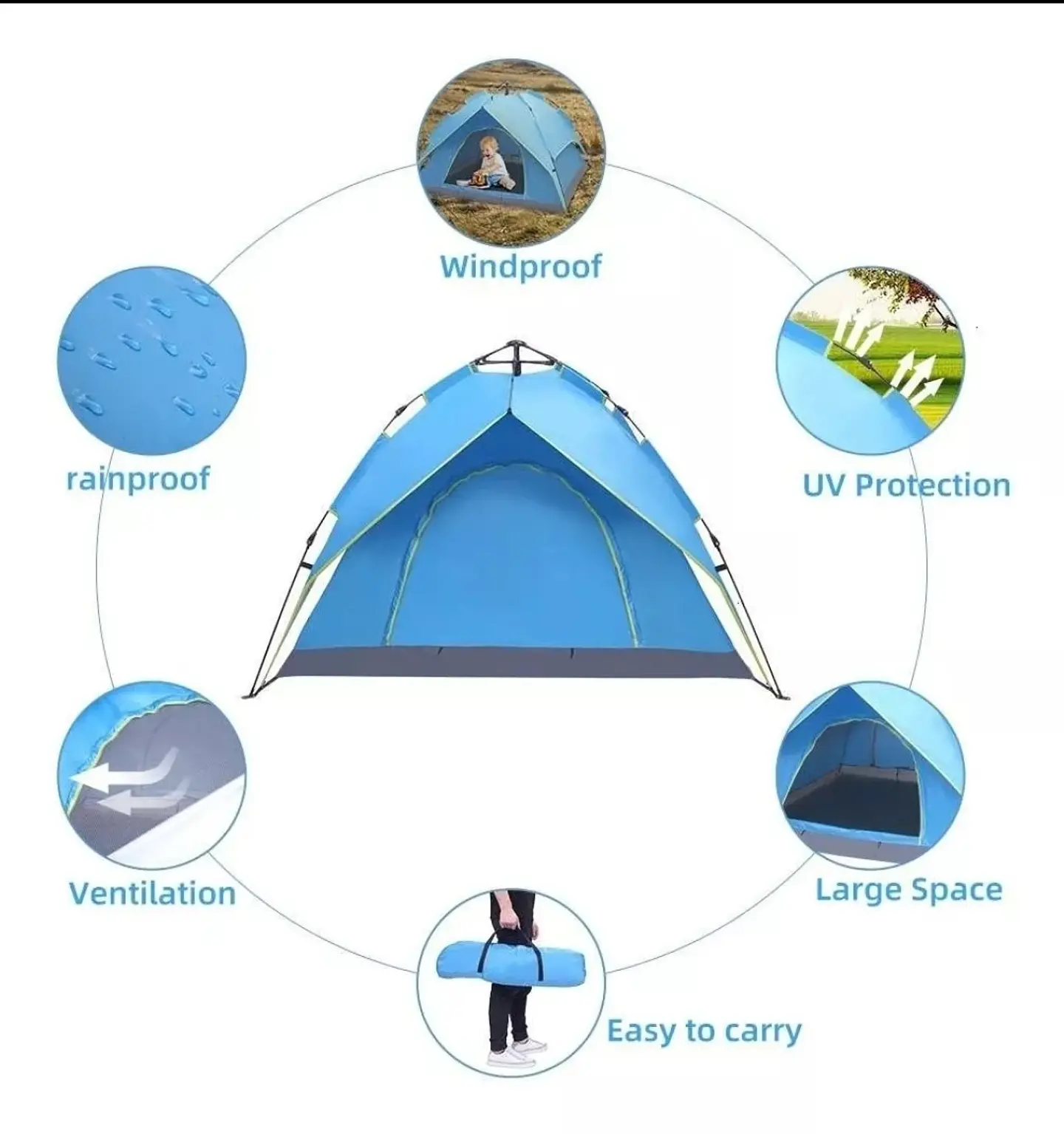 Carpa Automática Impermeable 2-3 Personas – Armado Rápido 30s, Protección UV 5