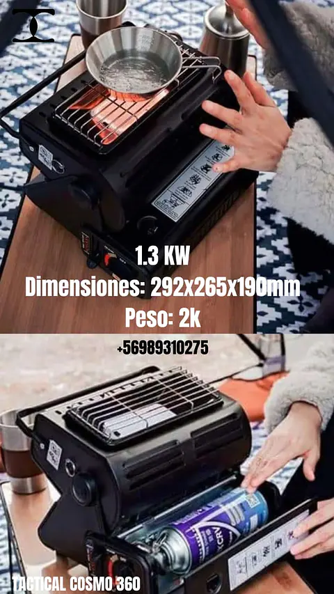 Estufa Calefactor Portatil 2 en 1 Acero Inoxidable Gas Camping Outdoor Pesca Caza Senderismo y Uso en Hogar