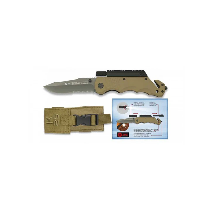 Navaja táctica K25 coyote con linterna y pedernal 9 cm 19540 1