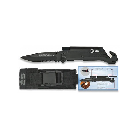 Navaja táctica K25 negra con linterna y pedernal 9 cm 19265 1