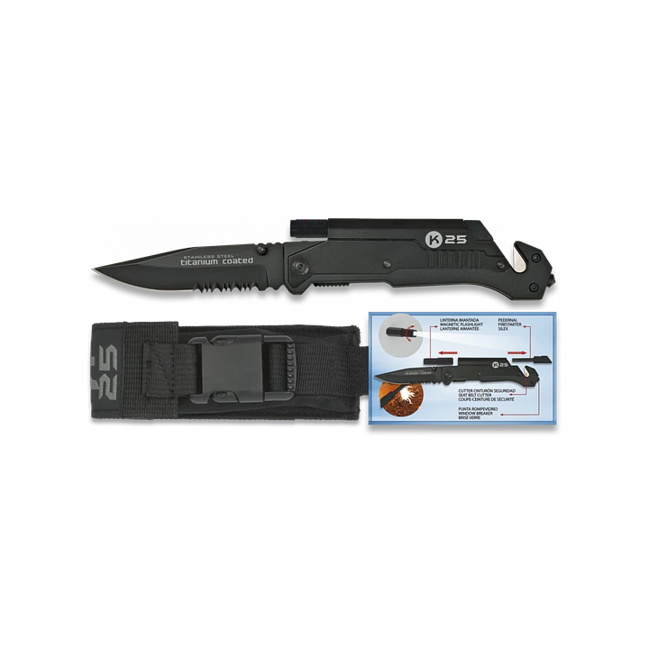 Navaja táctica K25 negra con linterna y pedernal 9 cm 19265 1