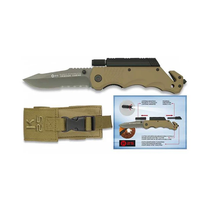 Navaja táctica K25 coyote con linterna y pedernal 9 cm 19540 1