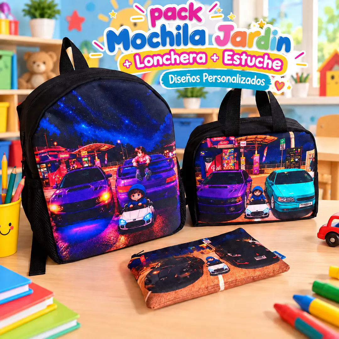 pack Mochila Jardín + Lonchera + Estuche Personalizados 1