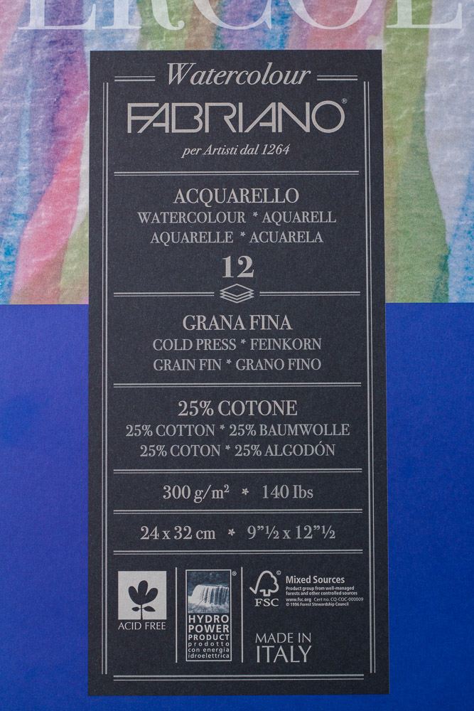 Block Papel Acuarela Fabriano Studio 24x32cm 12 Hojas 300gr