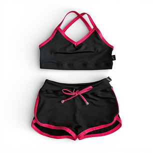 Conjunto Retro Negro brillo fucsia
